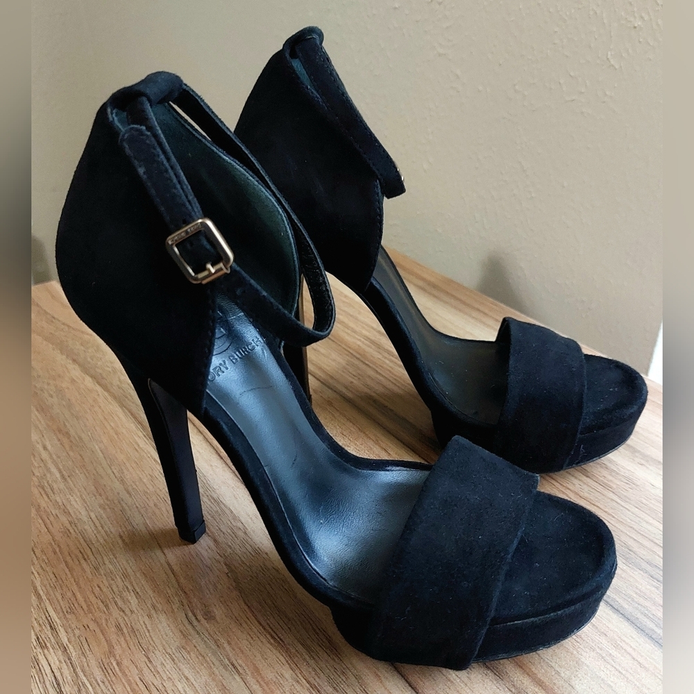 Tory Burch Amina Black Suede Platform Ankle Strap Heels, size 5.5